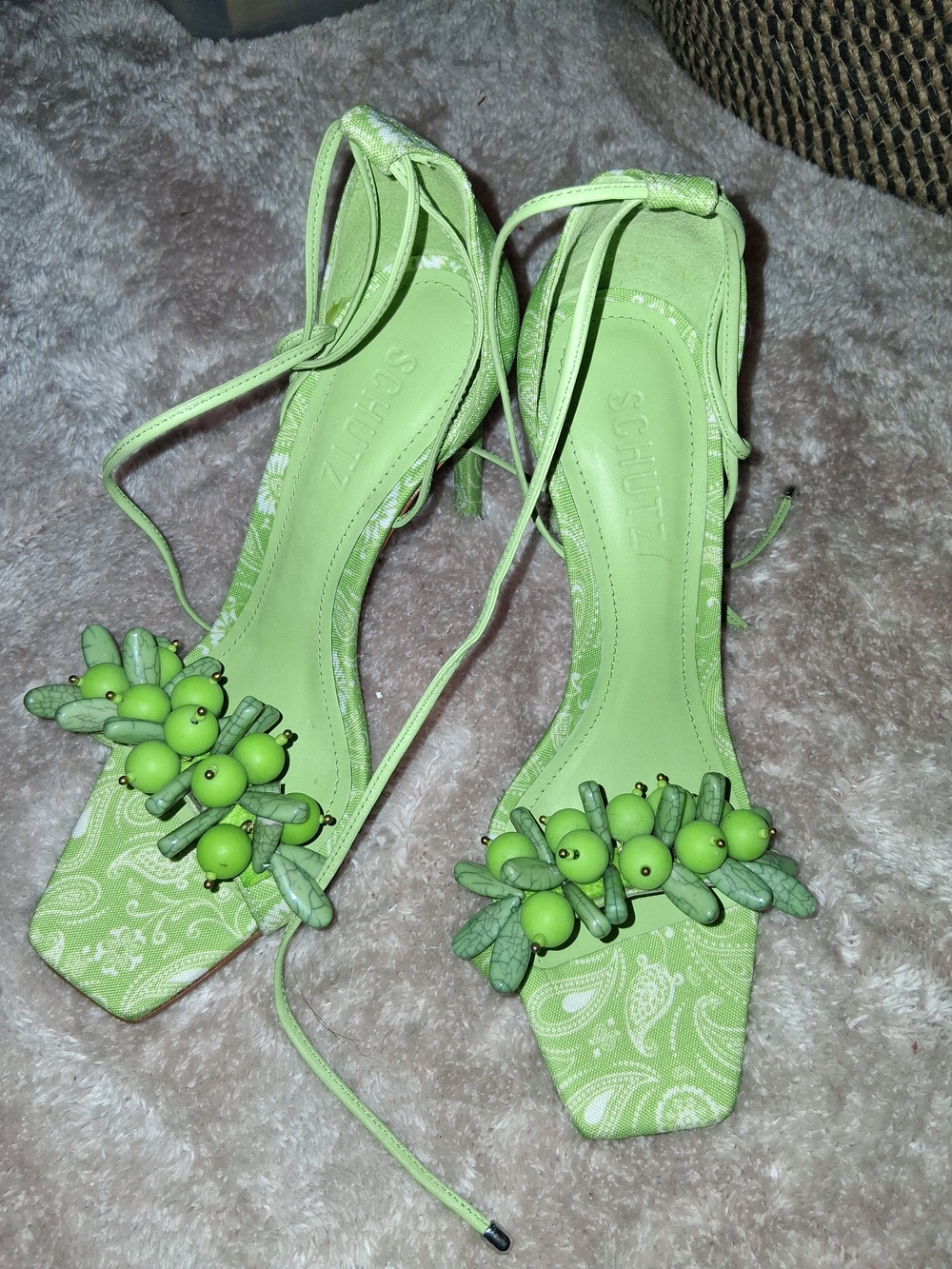 SCHUTZ Lime Green Beaded Paisley Lace-Up Sandals